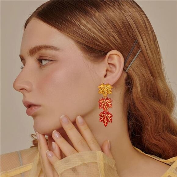 Crystal Maple Leaf Earrings | Sparkly Orange Red Dangle Drops - Picture 4 of 6